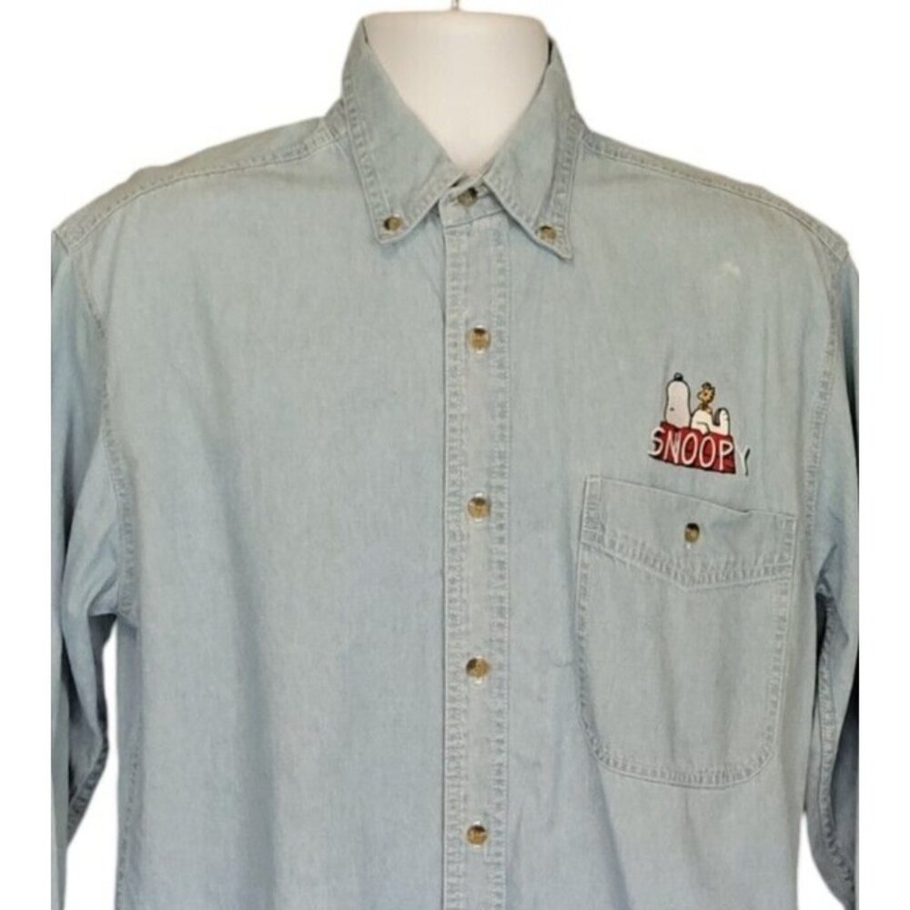 Vintage Peanuts Denim Shirt Mens S Chambray Blue Button‎ Down Long Sleeve Pocket